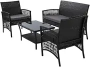 Gardeon 4PCS Outdoor Sofa Set with Storage Cover Wicker Harp Chair Table Black