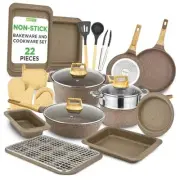 22-Piece Non-Stick Cookware and Bakeware Set - Professional Home Maroon Marble