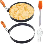 Pancake Ring for Griddle,2 Packs 6 Inch Omelette Ring for Griddle,6" Non-stick Stainless Steel Pancake Egg Ring Crumpet Ring Omelet Griddle Ring Pancake Maker Cake Ring Creps Ring with Silicone Handle