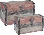 [Household Essentials] Wooden Storage Trunk Set, Large and Small Domed Chest, Weathered Wood with Paint Finish, Hinged Lid with Metal Accents