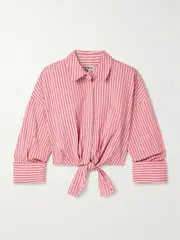 [STAUD] STAUD - Lisa Tie-front Cropped Striped Cotton-blend Poplin Top - Pink - medium medium Pink