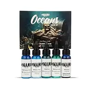 Dynamic Color Co - Oceans Color Set, 1oz Bottle of Each: Electric Blue, Sky Blue, Teal, Turquoise, and Our Original Dynamic Blue Tattoo Ink, Made in USA
