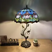 Tiffany Style Table Lamp Blue Purple Stained Glass Tulips LED Bulbs Include 24”H
