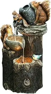 Water Fountain Outdoor, Squirrel Solar Outdoor Water Fountain, Poly-Resin Outdoor Water Fountain, Waterfall Fountain with LED Light, Relaxation Water Features for Home Garden, Yard Decor