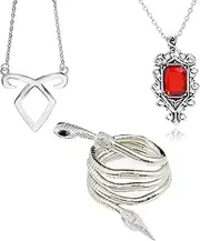 [Zaky] 3 pcs The Mortal Instruments Inspired Angelic Power Rune Symbols Necklace City of Bones Isabelle Lightwood's Electrum Whip Serpent Snake Bracelet and necklace Set, Zinc