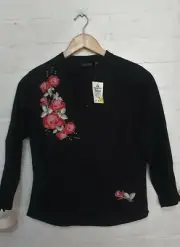 COLORADO Designer Size S Women Black Stretch Red Rose Button Down Top Blouse