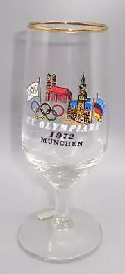 Vintage Olympic 1972 Germany XX Olympiade Muchen Beer Glass Gold Trim