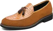 [XOEKD] Men Suede Leather Business Loafer Shoes with Tassel Decor Fashion Pattern Slip-on Round Head Low Top Non-Slip Luxury Formal Dress Shoes for Wedding Party