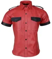 Men's Real Leather Police Shirt Gay Biker Schwarz Cuir Lederhemd Red Punk Kink