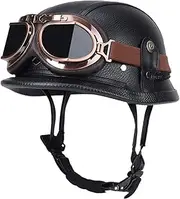 Open Face Motorcycle Helmets Vintage Pilot Style Adult Leather Helmet with Goggles Retro Motorcycling Scooter Half Helmets for Men Women B,XXL