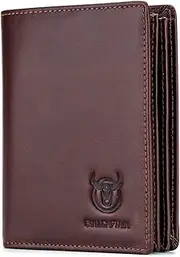 [BULLCAPTAIN] RFID Blocking Bifold Wallet For Men Genuine Leather Extra Capacity Mens Bifold Wallet With Widening Design QB027, Coffee, Small, Rfid Wallet