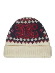 CELINE $1300 Off White/Navy/Red Wool Embroidered Beanie Hat New & Authentic