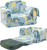 Airpanda Comfy Toddler Chair and Couch for Kids with Blanket,2-in-1 Soft Plush Fold Out Toddler Couch for Girls and Boys,Convertible Sofa to Lounger for Playroom,Glowing Dinosaur