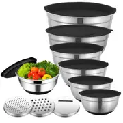 6Pcs Mixing Bowls with 3 Grater Attachments Stainless Steel Kitchen Stackable Bowls