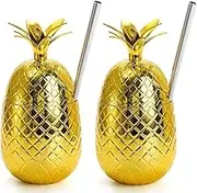 Pzsmqr Pack of 2 Pineapple Drink Cups, 450 ml Golden Pineapple Cup with Stretched Straw, Hawaiian Luau Party Cups, Reusable and Durable