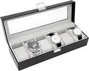 6 Slot Watch Box for Men Women, Mocamoro Watch Display Case with Large Glass Lid, Watch Organizer, PU Leather, for Solar Powered Watch Stand Storage Box