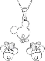 [Kaguyo] Jewellery Set for Women - Rose Gold 925 Sterling Silver clear Zirconia Mouse Pendant Necklace with cute Mouse Stud Earrings Jewelry Set for Women and Girls Birthday Gift