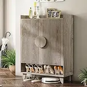 IRONCK Shoe Cabinet, 45.5" Tall Shoe Organizer with Fluted Doors, Shoe Rack Cabinet with 4-Tier Adjustable Shelves, Large Wooden Storage Cabinet for Entryway, Grey Oak