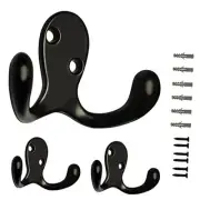 3 Pack Black Double Prong Coats Towel Hooks for Bathrooms Wall Mounted Shower