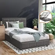 OIKITURE King Single Bed Frame King Single Size Gas Lift Platfrom Home Bedroom Furniture Grey Fabric