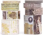 KAVI' S 8 Rolls Vintage Washi Tape Set Retro Arts Adhesive Tapes Gold Foil Decorative Masking Tape Sets for Craft, Kids, Scrapbook, DIY, Gift Wrapping (Old Letters)