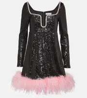 [Self-Portrait] Self-Portrait Feather-trimmed sequined minidress AU 10 black