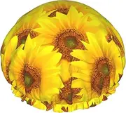Yellow Sunflower Print Shower Cap For Women Men Reusable Lightweight Soft Bath Hair Cap With Elastic Band