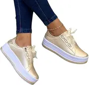 [CcacHe] Round Toe Wedges Sneakers for Women's Classic Low Cut Lace Up Platform Walking Dress Shoes Fashion Orthotic Lightweight Breathable Flat Loafers (Color : Gold, Size : 10 US)