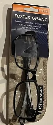FOSTER GRANT +1.75 READING GLASSES-BLACK FRAME/GRAY EDGING/W/CASE-NEW