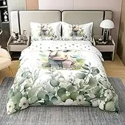 Rhino Bird 100% Cotton Duvet Cover, Cute Safair Animals Bedding Set 135 x 200, Cartoon Wild Animal Bed Set for Living Room, Green Botanical Leaves Comforter Cover for Children