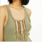 Free People Great Expectations Top Tank Sleeveless Army Embroidered XS NWT
