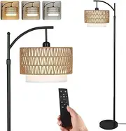 Clora Floor Lamp Standing Lamp 3 Color Temperatures Farmhouse Floor Lamps with Remote Dimmable Bulb Rattan & Fabric Shades Adjustable Tall Lamp for Bedroom Office
