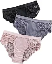[HEJIGOOD] 3 Pack Sexy Underwear for Women Mid Rise Lace Hipster Panties Breathable Mesh Ladies Briefs S-XXL