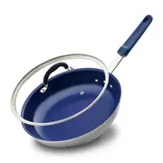 NutriChef Fry Pan with Lid - Medium Skillet Nonstick Frying Pan with Silicone Handle, Ceramic Coating, Blue Silicone Handle, Stain-Resistant and Easy to Clean, Professional Home Cookware