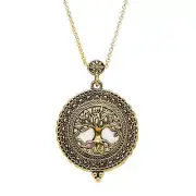 Tree of Life Necklace Magnifying Pendant Gold-Tone Antiqued Filigree Cover 30”