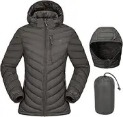 [CAMEL CROWN] Women's Down Jackets Lightweight Puffer Jackets Packable Quilted Winter Coat Hooded Outerwear With Chest Pocket Grey 2XL, Gray-detachable, XX-Large