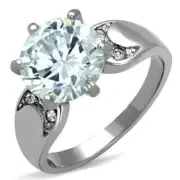 Womens Rings Silver Large Solitaire Stainless Steel Ring with AAA Grade CZ in Cl