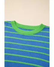 Womens Striped Knit Sweater with Green Ribbed Neckline - Sweaters - Sky