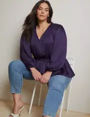 Autograph Top Plus Size 24 Long Sleeve Purple Satin Smocked Waist Peplum RP$100