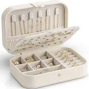 Vlando Travel Jewelry Case for Women Girls Mothers, PU Leather Portable Small Jewelry Box for Rings, Necklaces, Bracelets, Earring Holder Organizer Storage for Travel Gifts Graduation Gifts - Beige