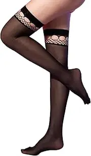 [changyexi] Women's Sheer Thigh High Stockings with Fishnet Lace Top, Black knee high stockings, Black, One Size
