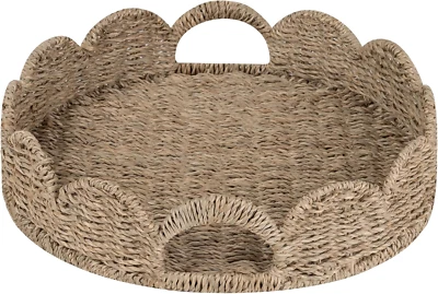 round Wicker Scalloped Tray, Rattan Serving Trays with Handles, Seagrass Basket