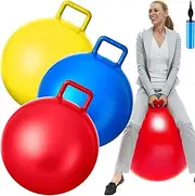 Lewtemi 3 Pcs Hopper Ball Jumping Hopping Ball, Exercise Ball Bouncing Ball with Handle and Air Pump for Outdoors Sports School Games Exercise (Red, Blue, Yellow, 29 Inch)