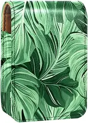 Lipstick Case,Leather Lip Gloss Lipstick Organizer with Mirror,Mini Lipstick Holder Bag,Tropical Palm Leaves Green Bright