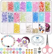 Swpeet 627Pcs 18 Colors 8mm Transparent Color Glass Beads Bracelet Making Kit Includes Acrylic Glass Beads, Pendant, Spacer Beads, Scissors, Elastic Strings Cord for DIY Beading Necklace