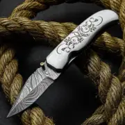8.5" DAMASCUS STEEL CUSTOM MADE POCKET FOLDING KNIFE STEEL HANDLE W/SHEATH