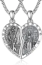 [ADMETUS] Heart Couple Necklaces Matching 925 Sterling Silver Patron Saint Medal and Miraculous Medal Protection Jewelry Religious Gifts for Him and Her