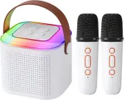 Mini Karaoke Machine Bluetooth Speaker 2 Wireless Mics Party Lights Gift White