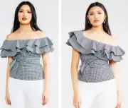 Chloe Kristyn Contrast Gingham Michelle Blouse XL Ruffle One-Shoulder Top Bow
