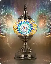 [Yarra-Decor] Turkish Moroccan Lamp with Bronze Base Handmade Tiffany Mosaic Glass Lamps Portable Bedside Rechargeable Battery 2000mAh (LED Bulb Included)(1) Blue1